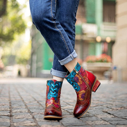 Casual Retro Ethnic Boots Lace Printing Dark Pattern Cowboy Boot - Mubimart