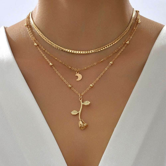 Bohemia Multilayer Moon Gold Color Pendant Necklaces For Women Rose Flower Choker Necklace 2025 Fashion Jewelry Party Gift Valentine's Day Gifts - Mubimart