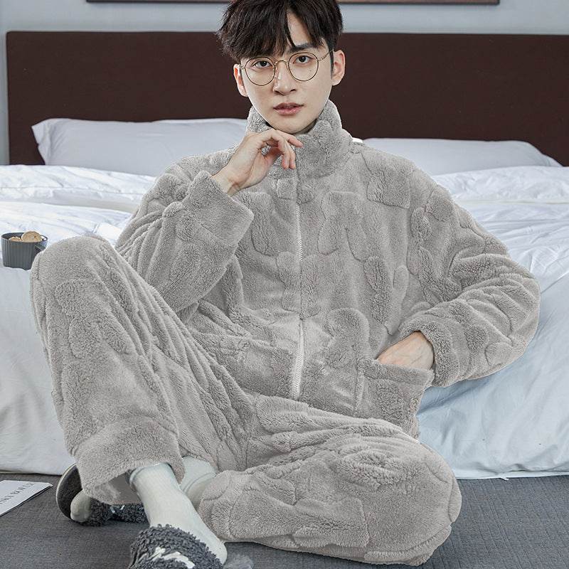 Pajamas Men's Jacquard Flannel Loose Fleece-lined Warm Loungewear - Mubimart