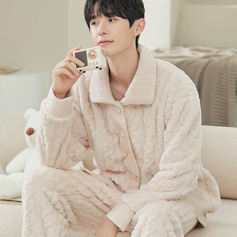 Pajamas Men's Jacquard Flannel Loose Fleece-lined Warm Loungewear - Mubimart