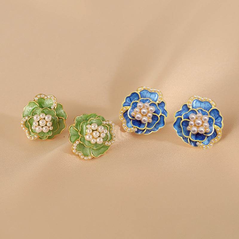 Sterling Silver Needle High-grade Temperament Camellia Pearl Ear Studs - Mubimart