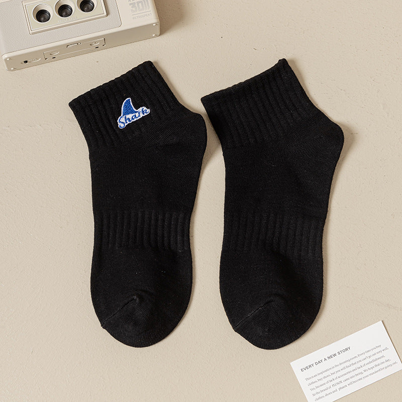 Black And White Embroidered Shark Pure Cotton Sweat Absorbing Athletic Socks - Mubimart -  