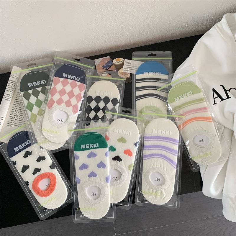 Geometric Pattern Love Stripe Rhombus Women's Low-cut Liners Socks Invisible - Mubimart