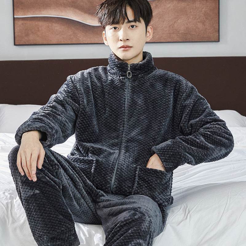Pajamas Men's Jacquard Flannel Loose Fleece-lined Warm Loungewear - Mubimart