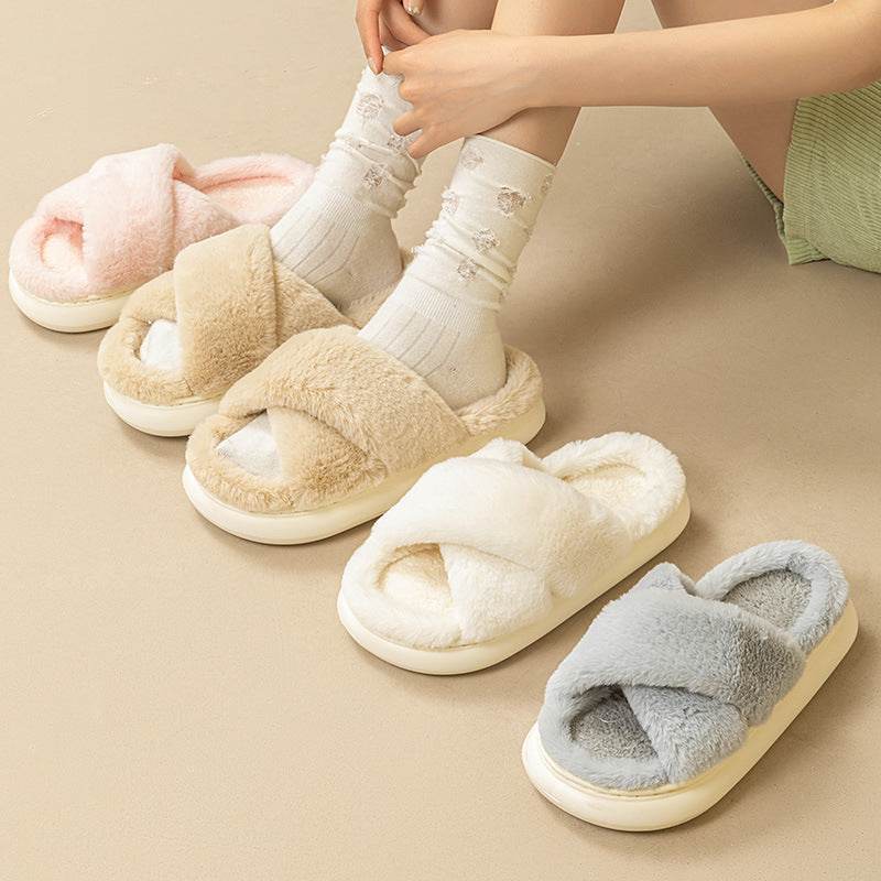 Fashion Cross Fluffy Slippers Women - Mubimart