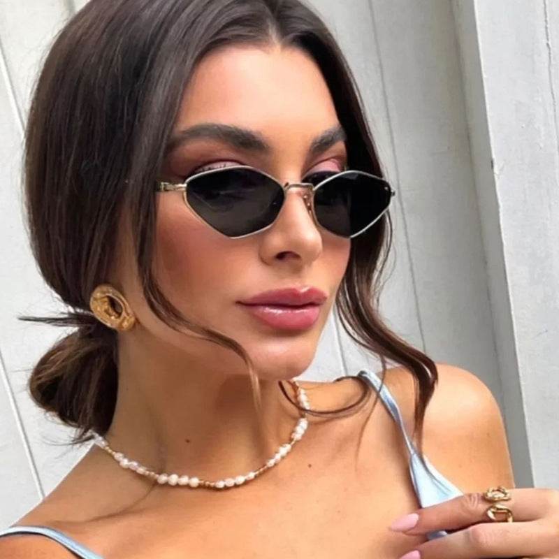 Cat Eye Metal Sunglasses Female Personality Polygon European And American Ins Small Frame - Mubimart