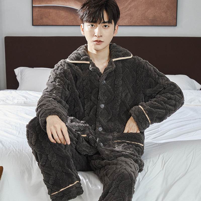 Pajamas Men's Jacquard Flannel Loose Fleece-lined Warm Loungewear - Mubimart