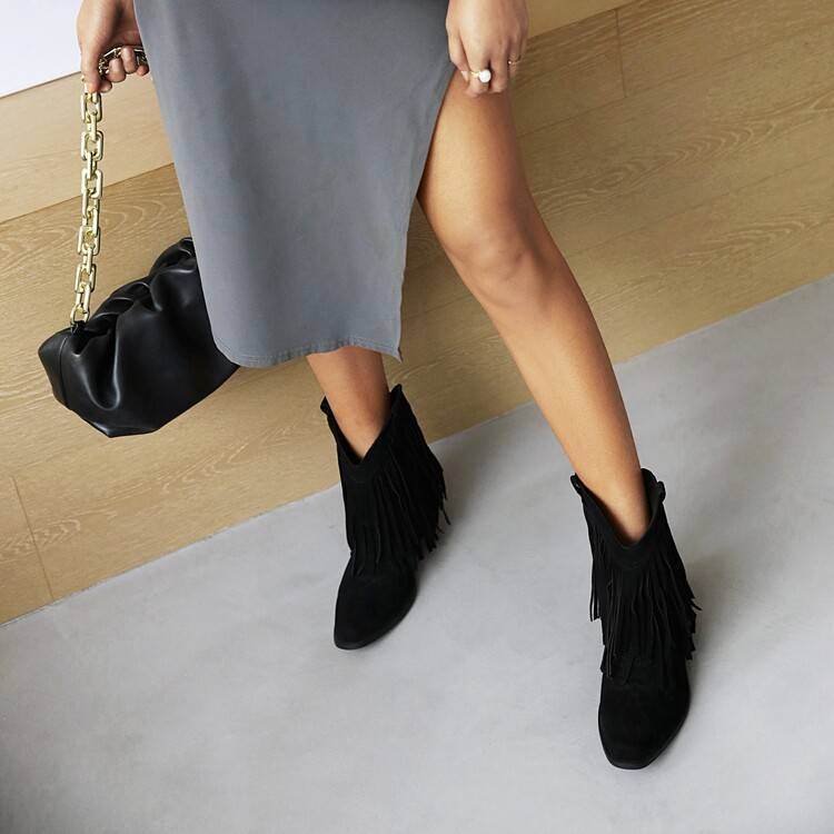 Cowboy Boot Embroidered Square Toe Chunky Heel Tassel Short Tube For Women - Mubimart