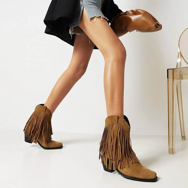 Cowboy Boot Embroidered Square Toe Chunky Heel Tassel Short Tube For Women - Mubimart