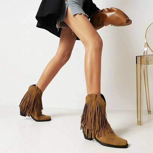 Cowboy Boot Embroidered Square Toe Chunky Heel Tassel Short Tube For Women - Mubimart