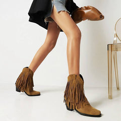 Cowboy Boot Embroidered Square Toe Chunky Heel Tassel Short Tube For Women