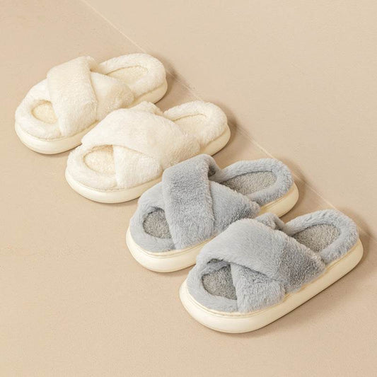 Fashion Cross Fluffy Slippers Women - Mubimart