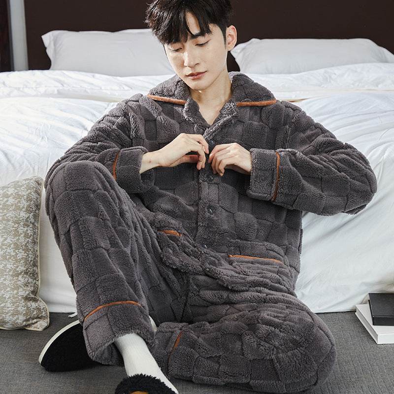 Pajamas Men's Jacquard Flannel Loose Fleece-lined Warm Loungewear - Mubimart