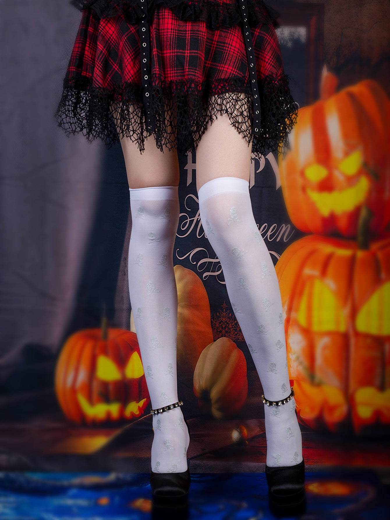 Halloween Black Over-the-knee Printed Skull Thigh High Socks - Mubimart