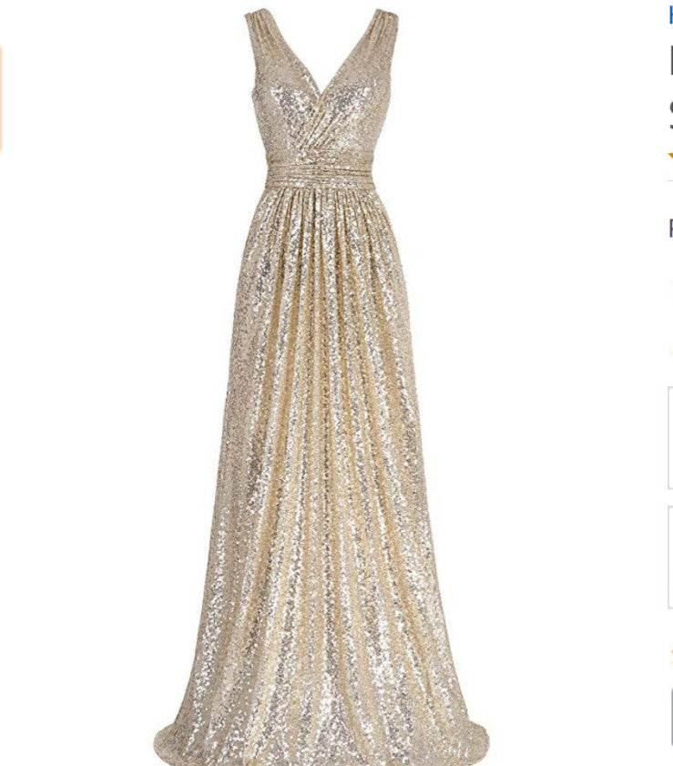 V-neck Slimming Long Sequin Formal Dress - Mubimart
