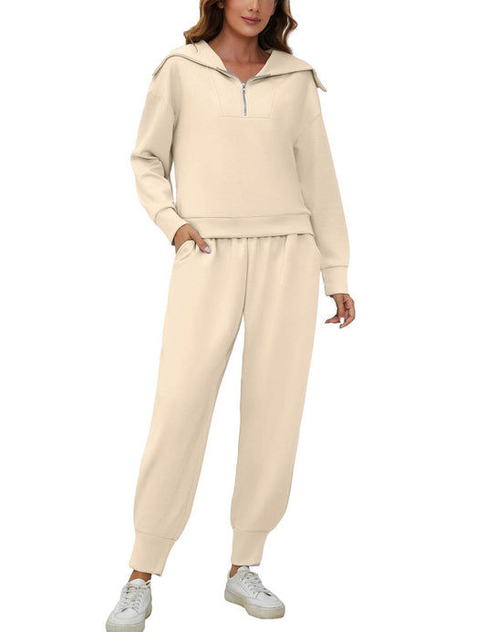 Long Sleeve Lapel Sweatshirt High Waist Workout Pants Two-piece Set - Mubimart