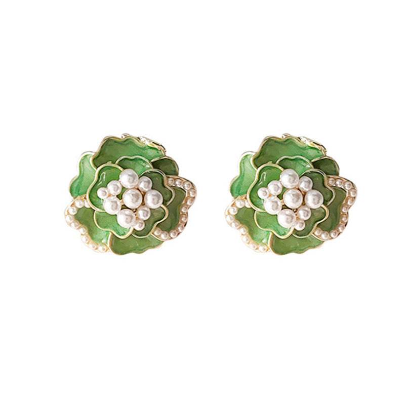 Sterling Silver Needle High-grade Temperament Camellia Pearl Ear Studs - Mubimart