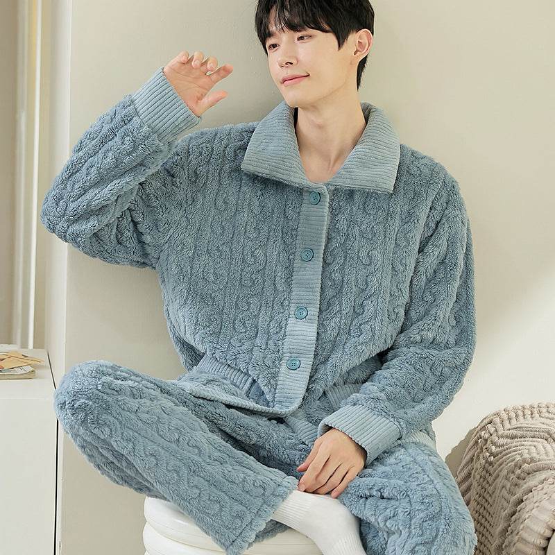 Pajamas Men's Jacquard Flannel Loose Fleece-lined Warm Loungewear - Mubimart
