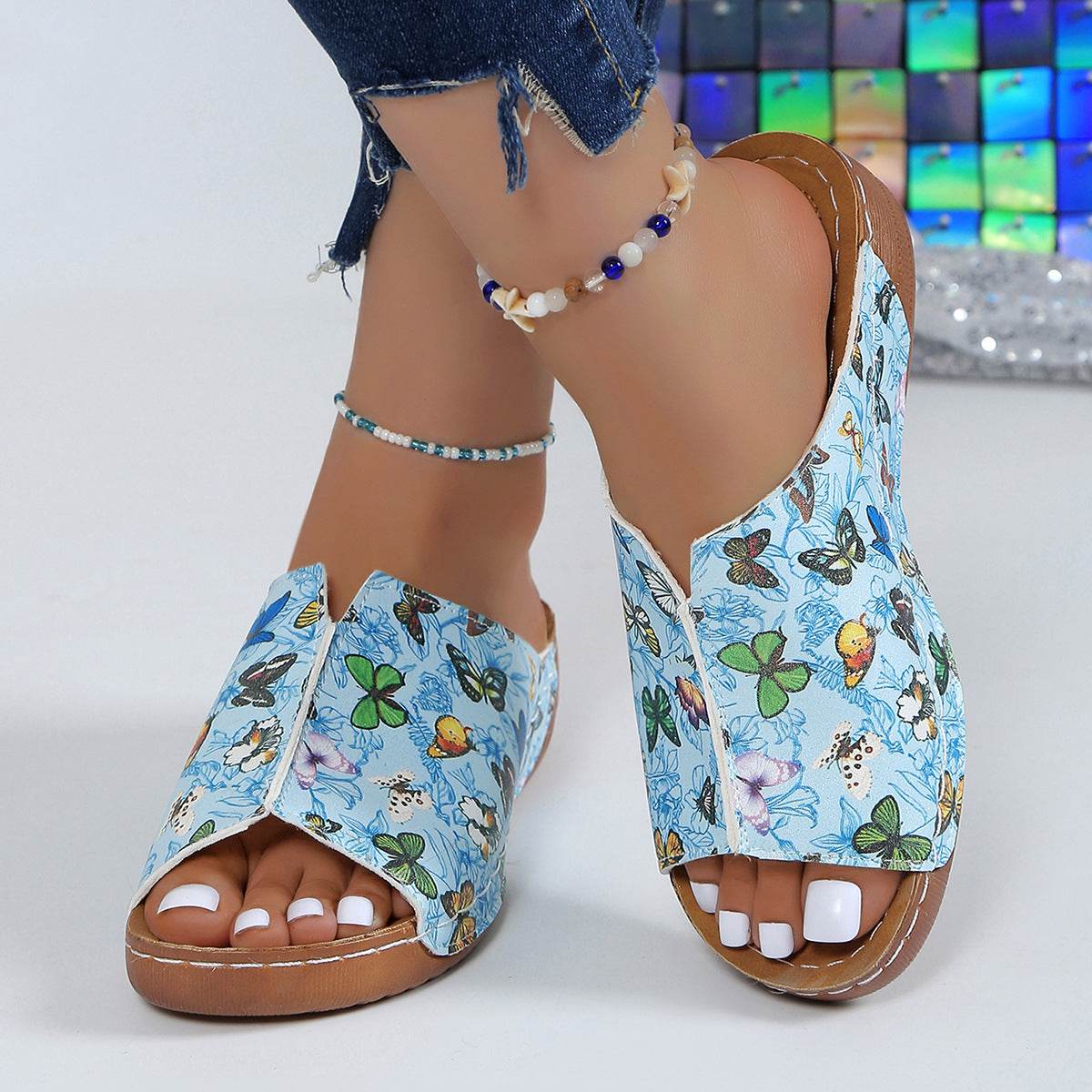 Peep Toe Wedge Fashion Simple Slip-on Fashion Sandal Slippers - Mubimart
