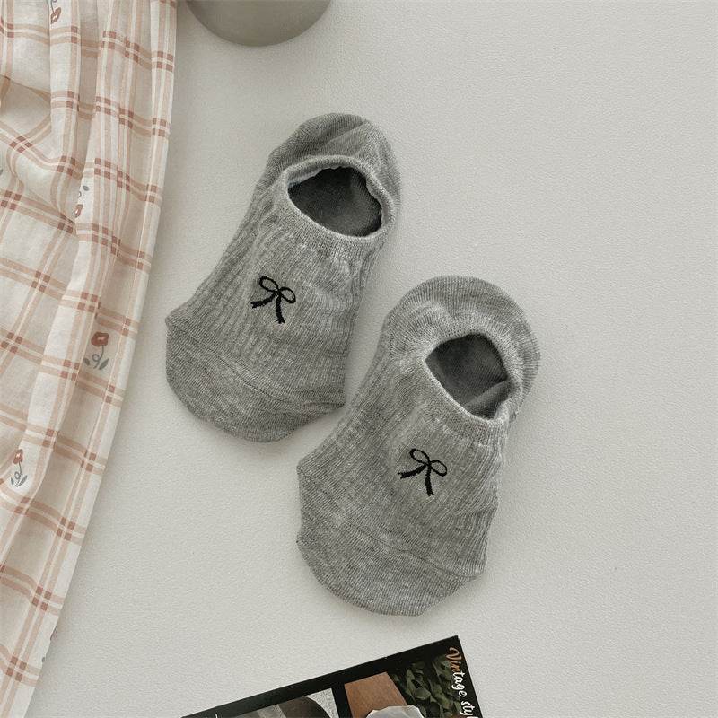 Bow Embroidery Cotton Women's Low-cut Liners Socks - Mubimart