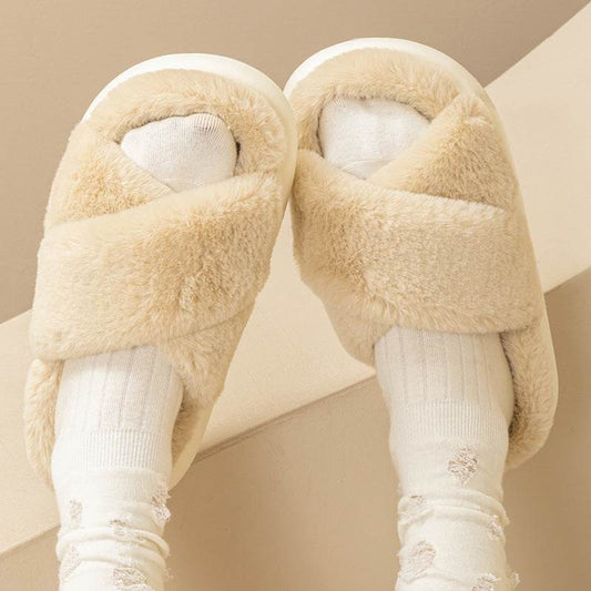 Fashion Cross Fluffy Slippers Women - Mubimart