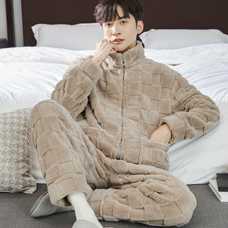 Pajamas Men's Jacquard Flannel Loose Fleece-lined Warm Loungewear - Mubimart