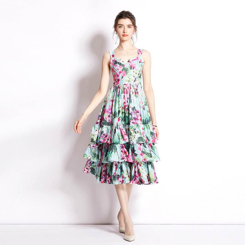 Cake Skirt Printing Slip Dress - Mubimart