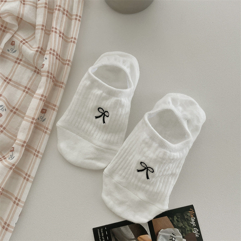 Bow Embroidery Cotton Women's Low-cut Liners Socks - Mubimart -  