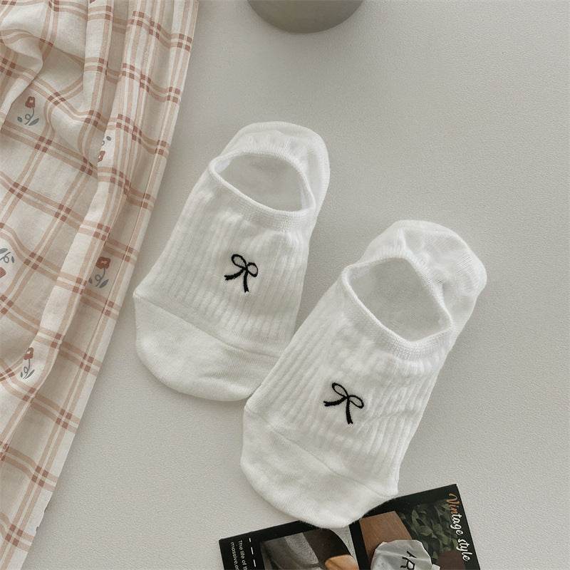 Bow Embroidery Cotton Women's Low-cut Liners Socks - Mubimart