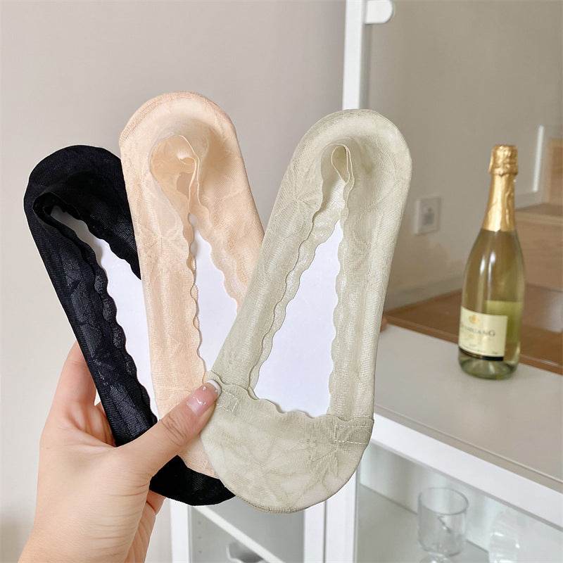 Maple Leaf Shallow Mouth Lace Invisible Terry Bottom Women's Low-cut Liners Socks - Mubimart