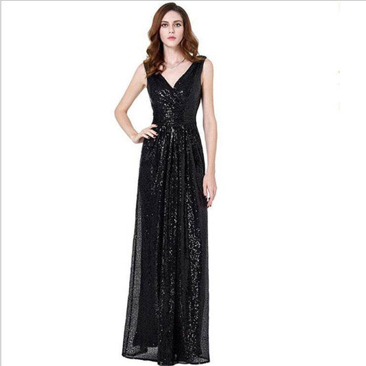 V-neck Slimming Long Sequin Formal Dress - Mubimart