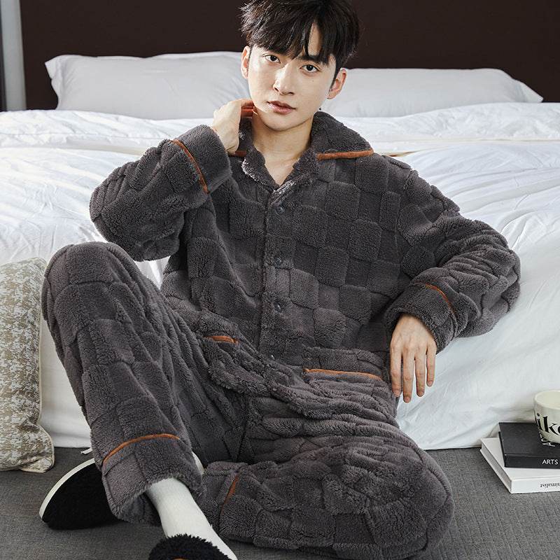 Pajamas Men's Jacquard Flannel Loose Fleece-lined Warm Loungewear - Mubimart