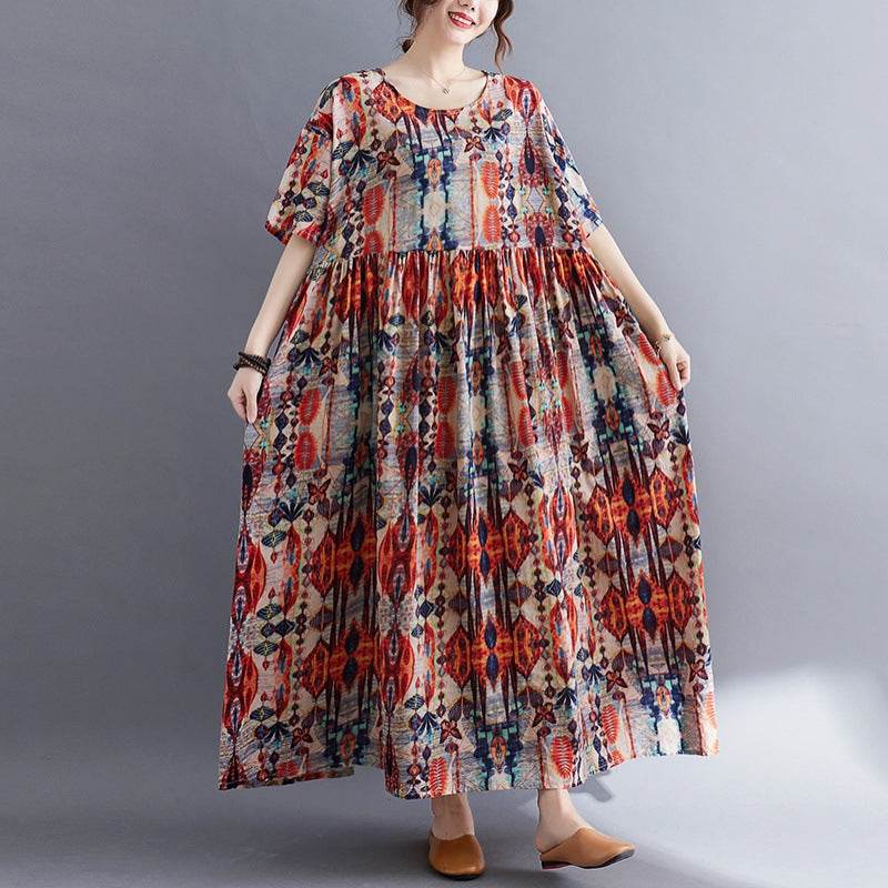 Artistic Plus Size Printed Short Sleeve Dress For Women - Mubimart