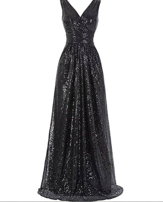 V-neck Slimming Long Sequin Formal Dress - Mubimart