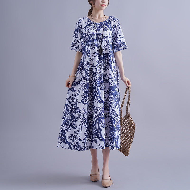 Blue And White Porcelain Robe Plus-sized Loose Dress - Mubimart -  