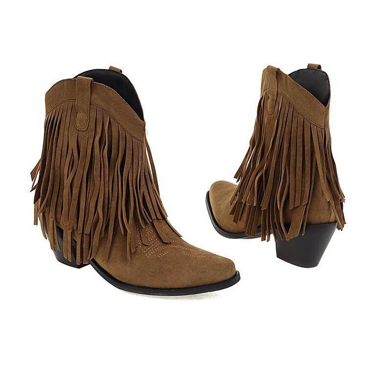 Cowboy Boot Embroidered Square Toe Chunky Heel Tassel Short Tube For Women - Mubimart