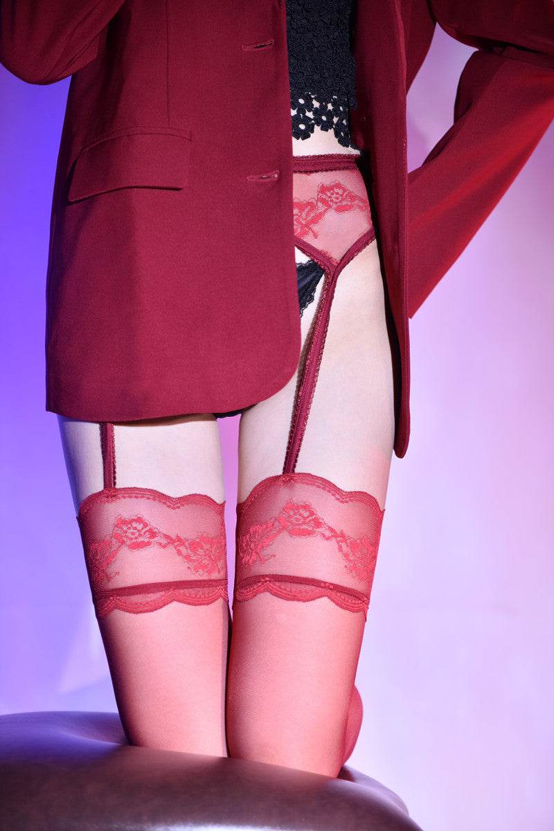 Silky Contrast Color Garter Belt Lace Stockings - Mubimart