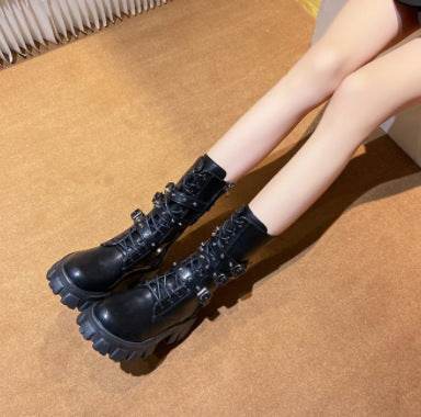 European And American Mid-calf Buckle Knight Boots Women - Mubimart