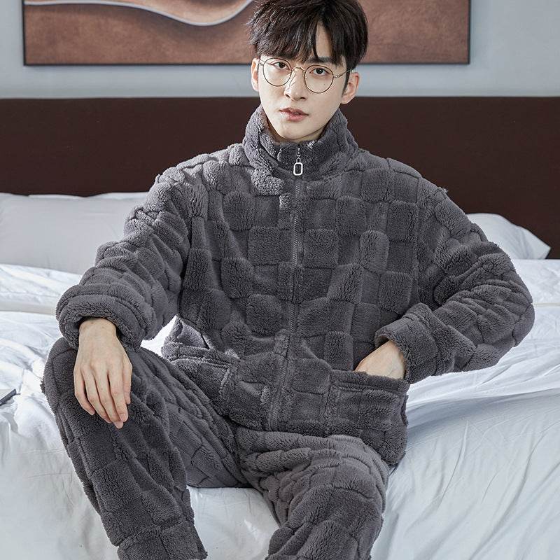 Pajamas Men's Jacquard Flannel Loose Fleece-lined Warm Loungewear - Mubimart