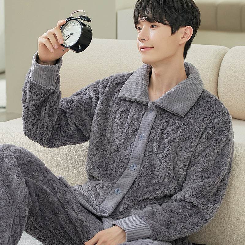 Pajamas Men's Jacquard Flannel Loose Fleece-lined Warm Loungewear - Mubimart