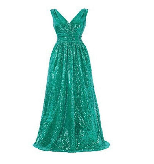 V-neck Slimming Long Sequin Formal Dress - Mubimart