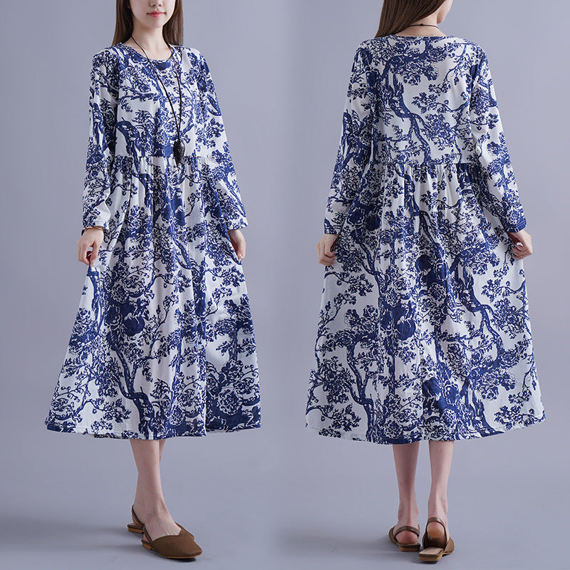 Blue And White Porcelain Robe Plus-sized Loose Dress - Mubimart - Plus Size Robe 