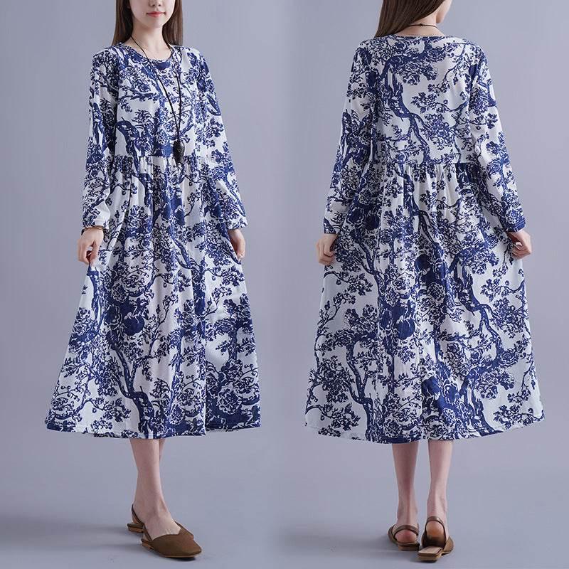 Blue And White Porcelain Robe Plus-sized Loose Dress - Mubimart
