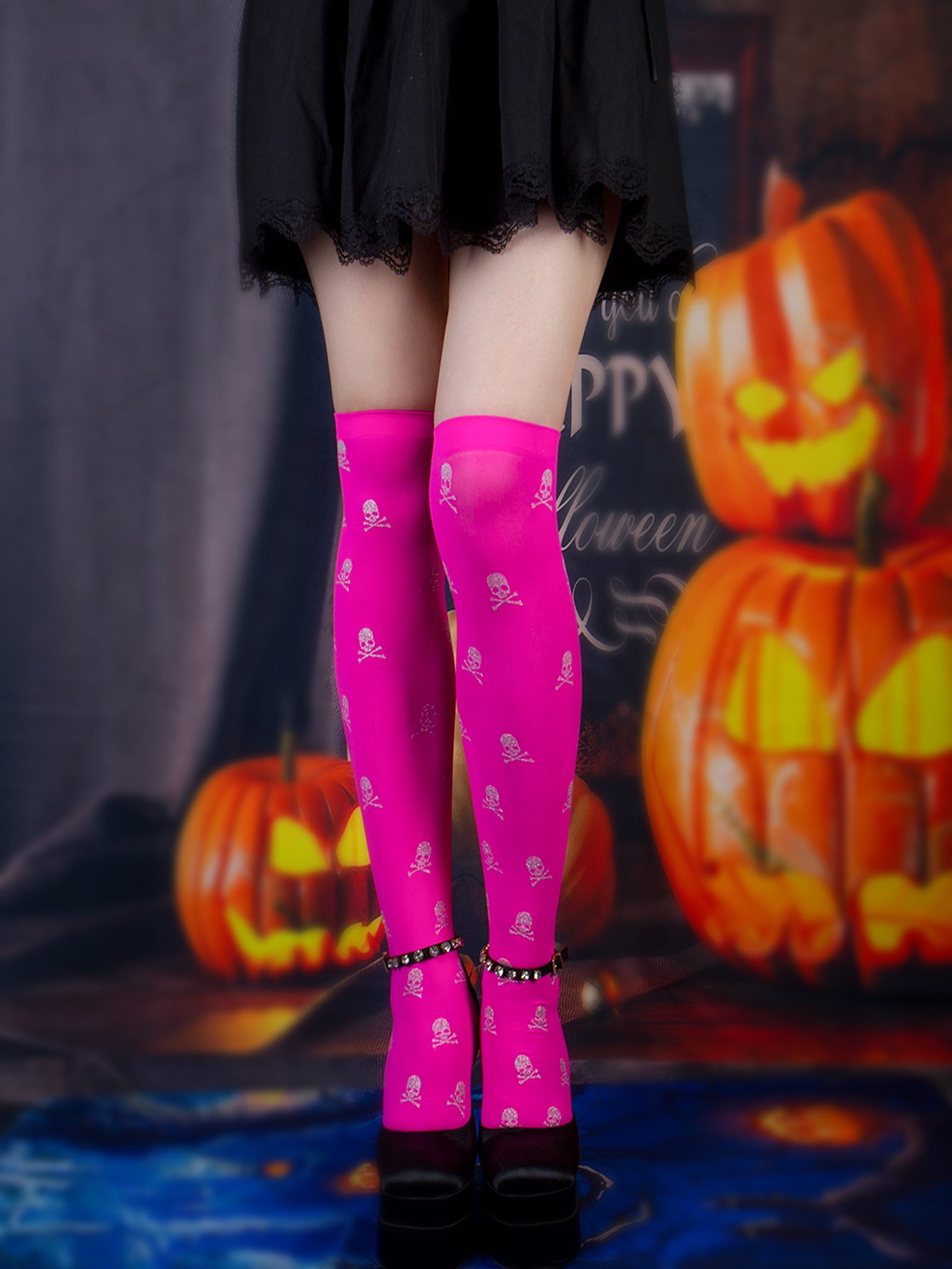 Halloween Black Over-the-knee Printed Skull Thigh High Socks - Mubimart -  