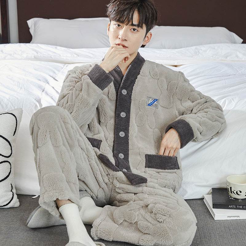 Pajamas Men's Jacquard Flannel Loose Fleece-lined Warm Loungewear - Mubimart