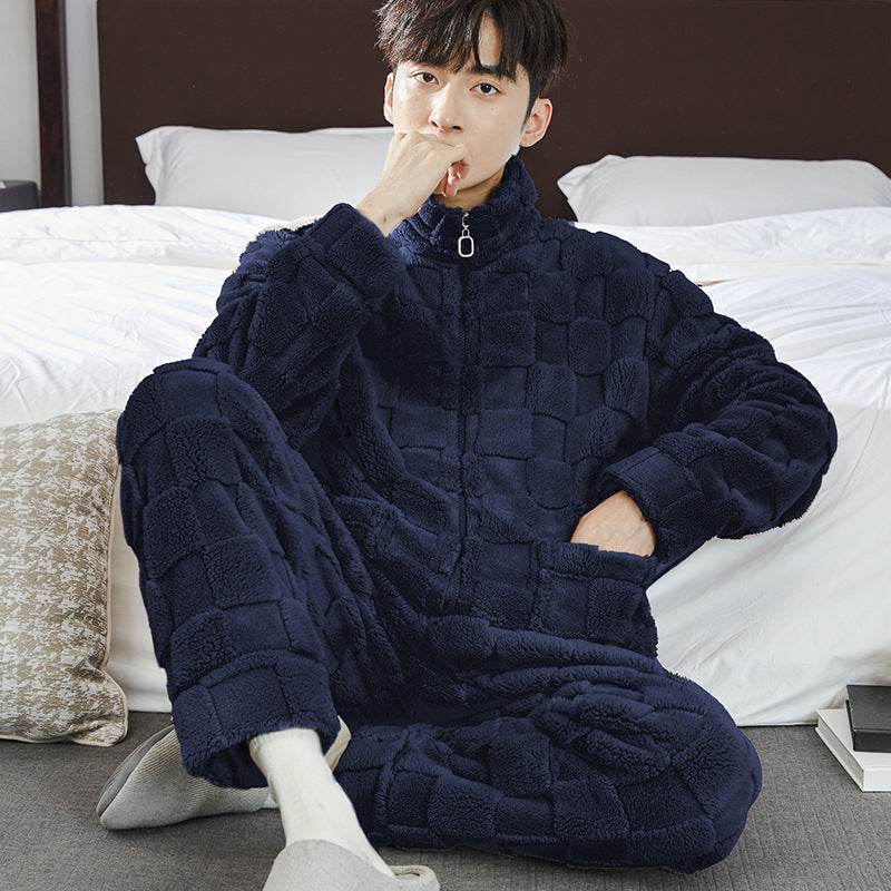 Pajamas Men's Jacquard Flannel Loose Fleece-lined Warm Loungewear - Mubimart