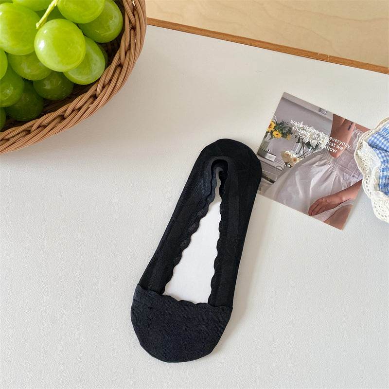 Maple Leaf Shallow Mouth Lace Invisible Terry Bottom Women's Low-cut Liners Socks - Mubimart
