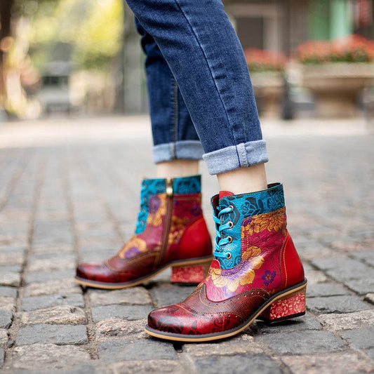 Casual Retro Ethnic Boots Lace Printing Dark Pattern Cowboy Boot - Mubimart