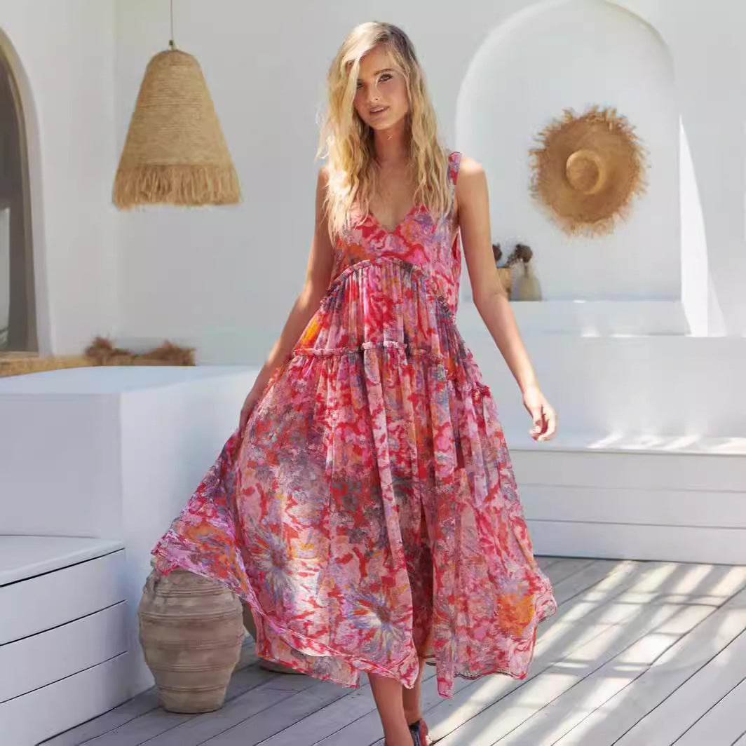 Women's Elegant Chiffon Printing Slip Dress - Mubimart