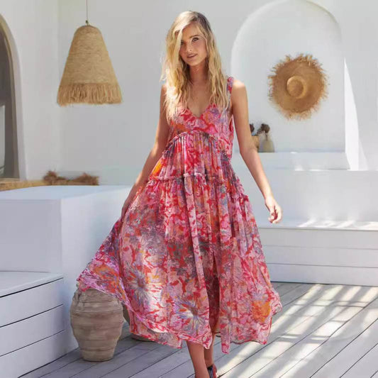 Women's Elegant Chiffon Printing Slip Dress - Mubimart